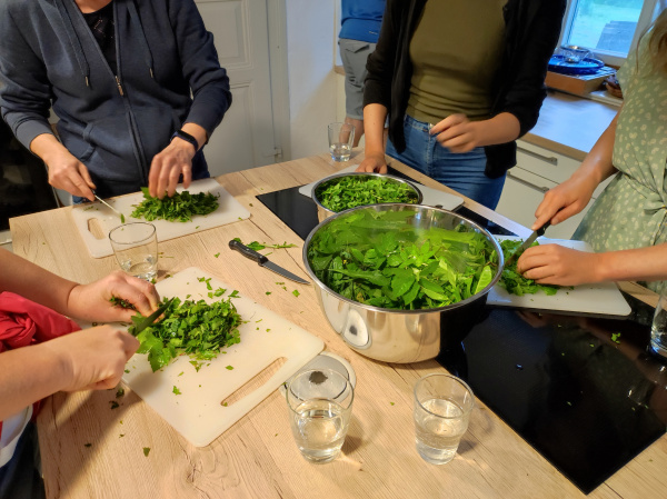 Kücheninsel, Brettchen mit Kräuter, Hände, Kräuter schneiden